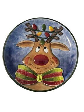 Clay Art Reindeer Plate Christmas Hand Painted 2003 Holiday Dessert Plate 8 Inch